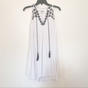 Embroidered Linen Shift Dress with Tassel
